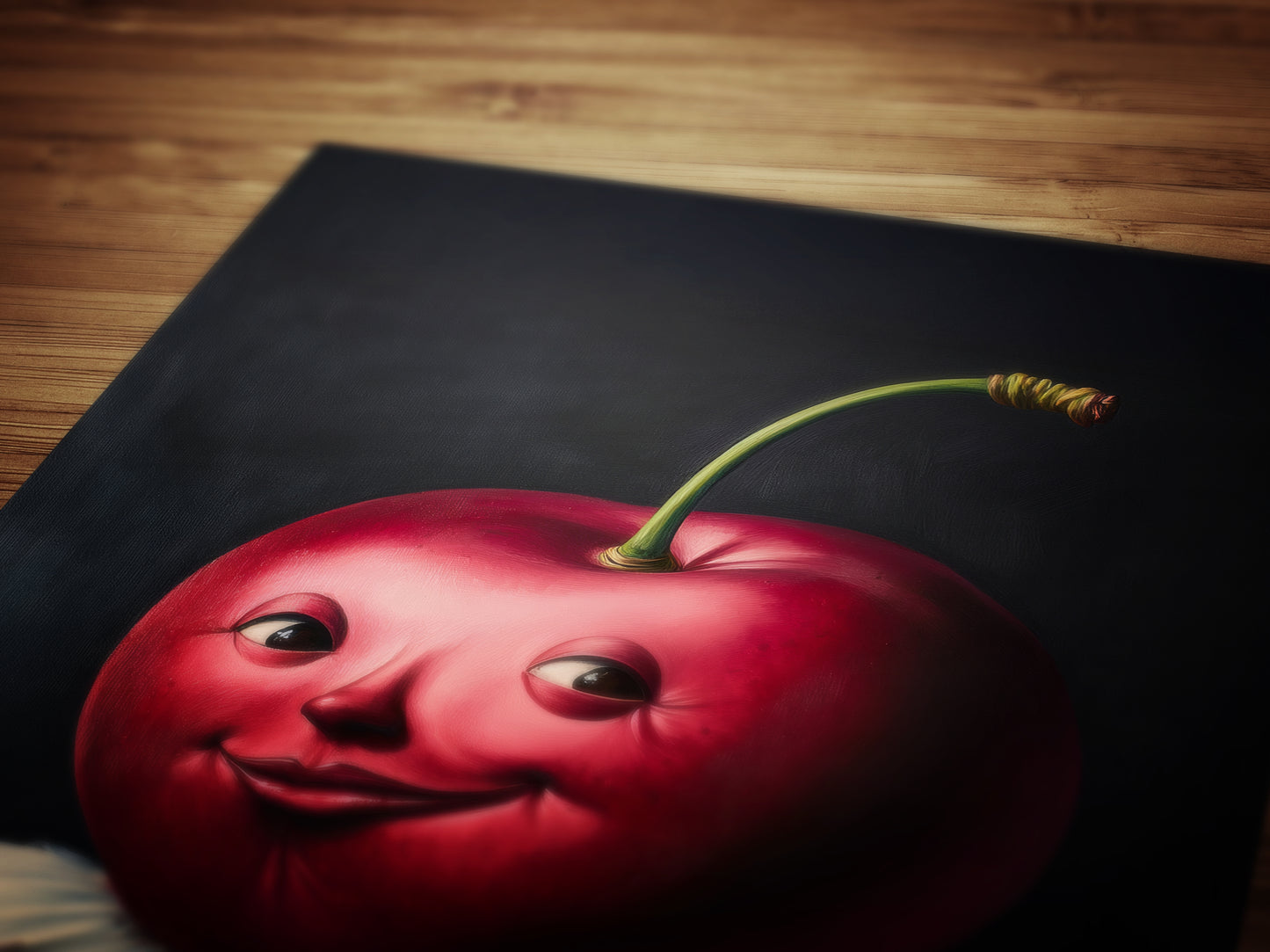 Cute Pensive Cherry Painting, Antique Fruit Art Print, Renaissance Food Portrait, Surreal Still Life Painting, Quirky Weird Kitchen Decor