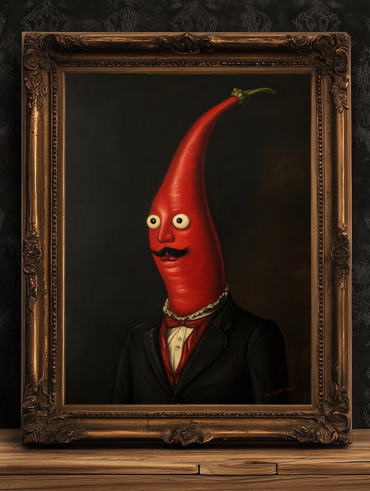 Red Chili Pepper Poster, Vegetables Art Print, Renaissance Food Portrait, Surreal Odd Painting, Quirky Weirdcore Funny Kitchen Decor