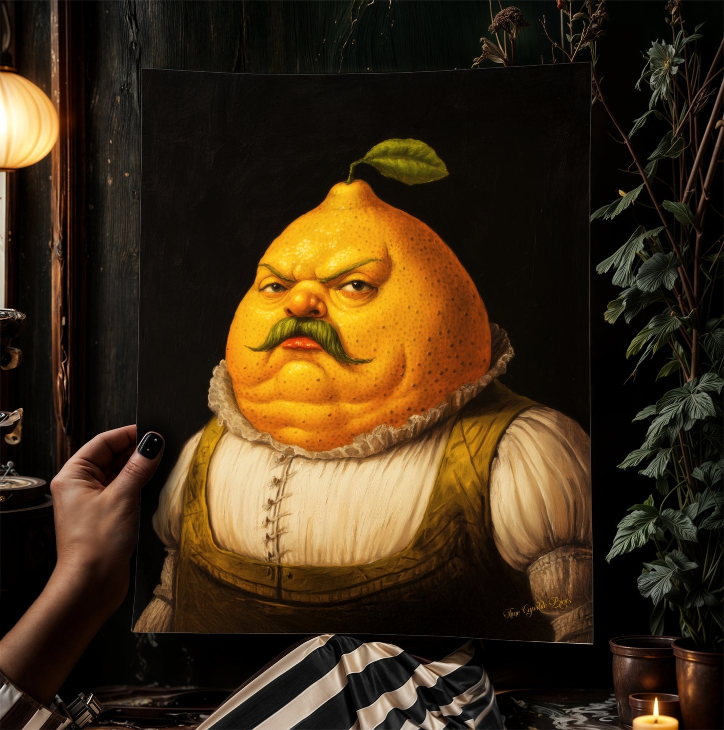 Lemon Print Poster, Antique Citrus Fruit Art Print, Renaissance Food Portrait, Surreal Still Life Painting, Quirky Weird Kitchen Decor