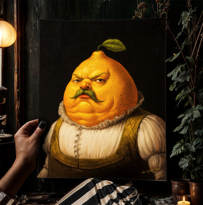 Lemon Print Poster, Antique Citrus Fruit Art Print, Renaissance Food Portrait, Surreal Still Life Painting, Quirky Weird Kitchen Decor