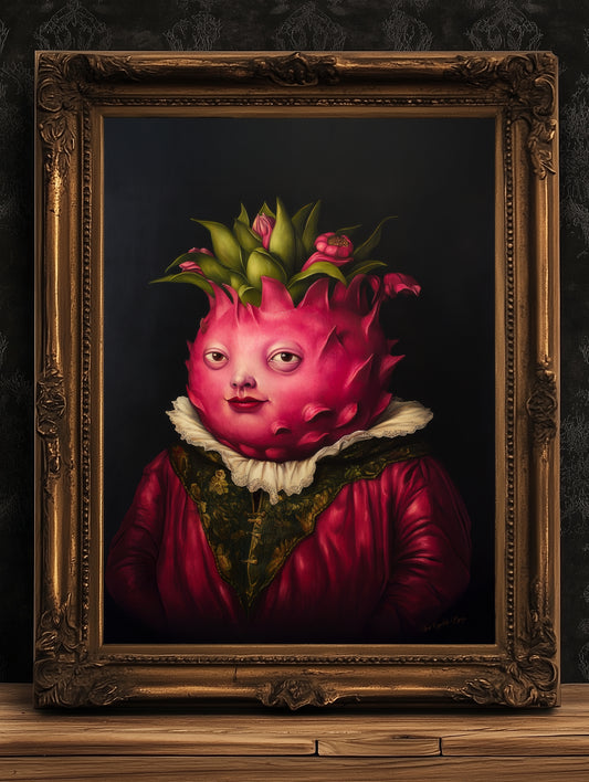 Dragon Fruit Pitaya Poster, Antique Fruit Art Print, Renaissance Food Portrait, Surreal Painting, Quirky Weird Funny Kitchen Decor