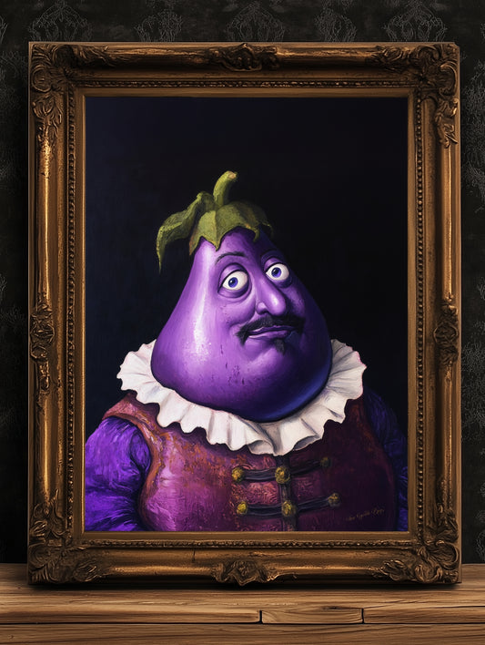 Weird Eggplant Poster, Vegetables Art Print, Renaissance Food Portrait, Surreal Still Life Painting Quirky Weirdcore Funny Kitchen Decor