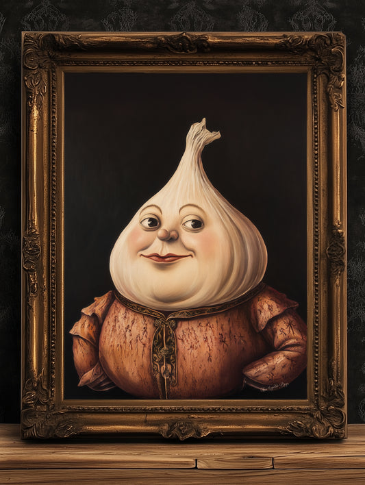 Garlic Poster, Antique Vegetables Art Print, Renaissance Food Portrait, Surreal Still Life Painting, Weirdcore Funny Kitchen Art Decor