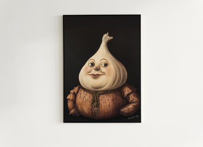 Garlic Poster, Antique Vegetables Art Print, Renaissance Food Portrait, Surreal Still Life Painting, Weirdcore Funny Kitchen Art Decor