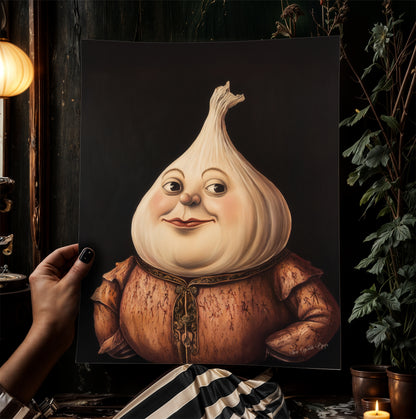 Garlic Poster, Antique Vegetables Art Print, Renaissance Food Portrait, Surreal Still Life Painting, Weirdcore Funny Kitchen Art Decor