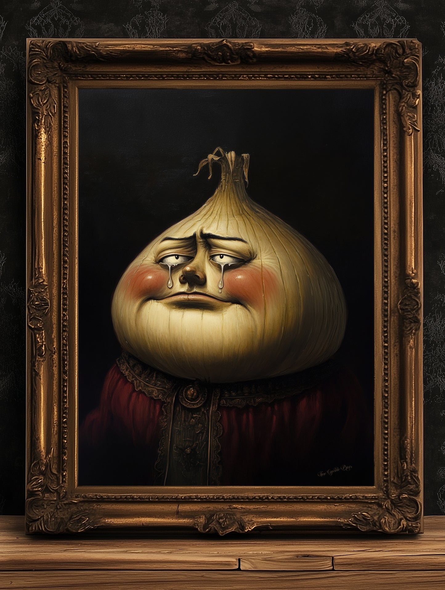 Crying Onion Poster, Antique Vegetables Art Print, Renaissance Food Portrait, Surreal Still Life Painting, Quirky Kitchen Decor
