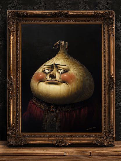 Crying Onion Poster, Antique Vegetables Art Print, Renaissance Food Portrait, Surreal Still Life Painting, Quirky Kitchen Decor