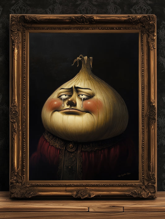 Crying Onion Poster, Antique Vegetables Art Print, Renaissance Food Portrait, Surreal Still Life Painting, Quirky Kitchen Decor