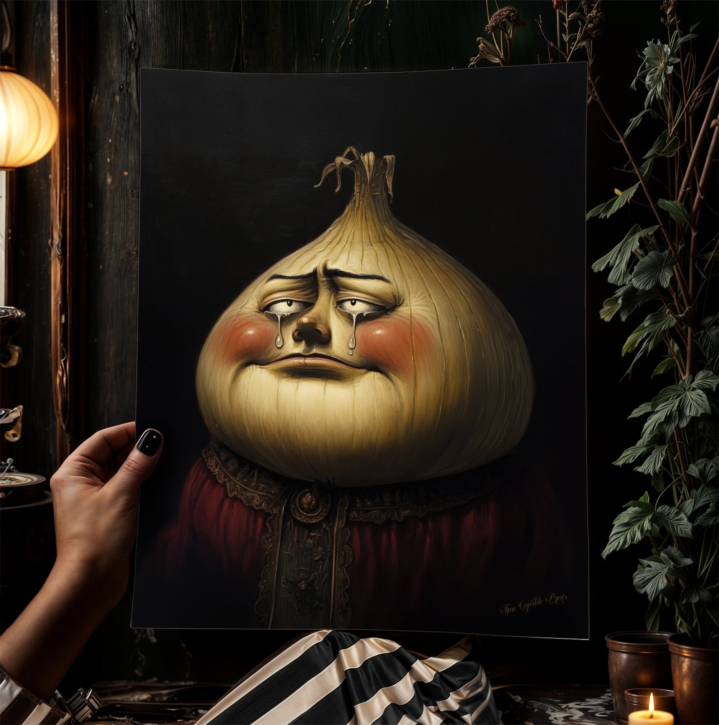 Crying Onion Poster, Antique Vegetables Art Print, Renaissance Food Portrait, Surreal Still Life Painting, Quirky Kitchen Decor
