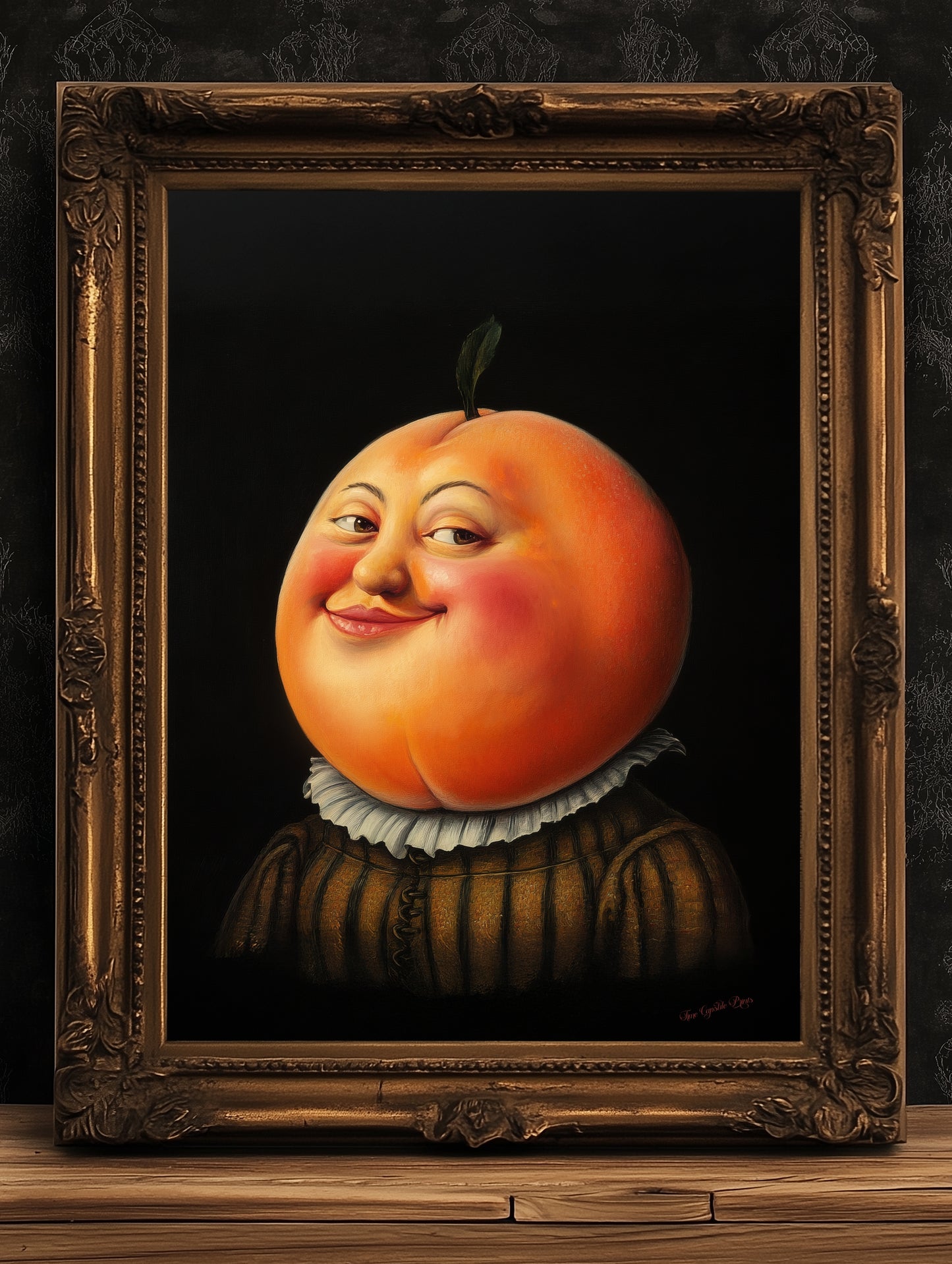 Adorable Peach Poster, Antique Fruit Art Print, Renaissance Food Portrait, Surreal Painting, Quirky Weirdcore Funny Kitchen Decor