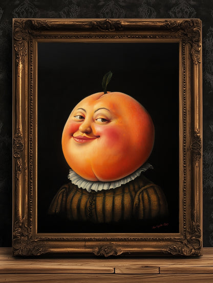 Adorable Peach Poster, Antique Fruit Art Print, Renaissance Food Portrait, Surreal Painting, Quirky Weirdcore Funny Kitchen Decor