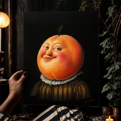 Adorable Peach Poster, Antique Fruit Art Print, Renaissance Food Portrait, Surreal Painting, Quirky Weirdcore Funny Kitchen Decor
