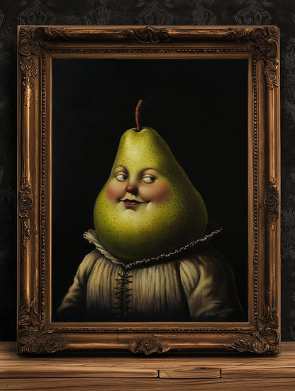 Adorable Pear Poster, Antique Fruit Art Print, Renaissance Food Portrait, Surreal Still Life Painting, Quirky Weirdcore Kitchen Decor