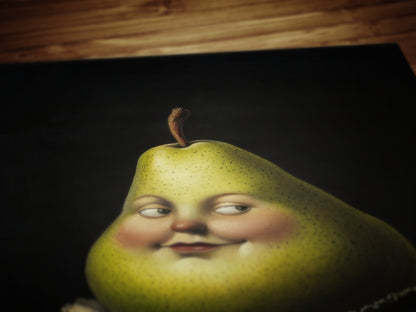 Adorable Pear Poster, Antique Fruit Art Print, Renaissance Food Portrait, Surreal Still Life Painting, Quirky Weirdcore Kitchen Decor