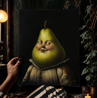 Adorable Pear Poster, Antique Fruit Art Print, Renaissance Food Portrait, Surreal Still Life Painting, Quirky Weirdcore Kitchen Decor