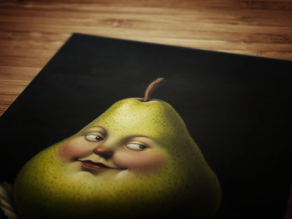 Adorable Pear Poster, Antique Fruit Art Print, Renaissance Food Portrait, Surreal Still Life Painting, Quirky Weirdcore Kitchen Decor