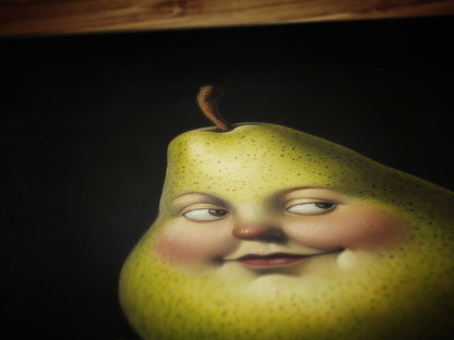 Adorable Pear Poster, Antique Fruit Art Print, Renaissance Food Portrait, Surreal Still Life Painting, Quirky Weirdcore Kitchen Decor