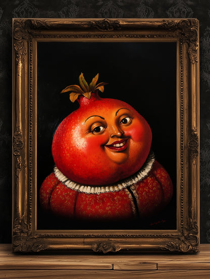Pomegranate Poster, Antique Fruit Art Print, Renaissance Food Portrait, Surreal Still Life Painting, Quirky Weird Funny Kitchen Decor