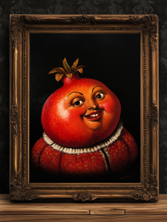 Pomegranate Poster, Antique Fruit Art Print, Renaissance Food Portrait, Surreal Still Life Painting, Quirky Weird Funny Kitchen Decor