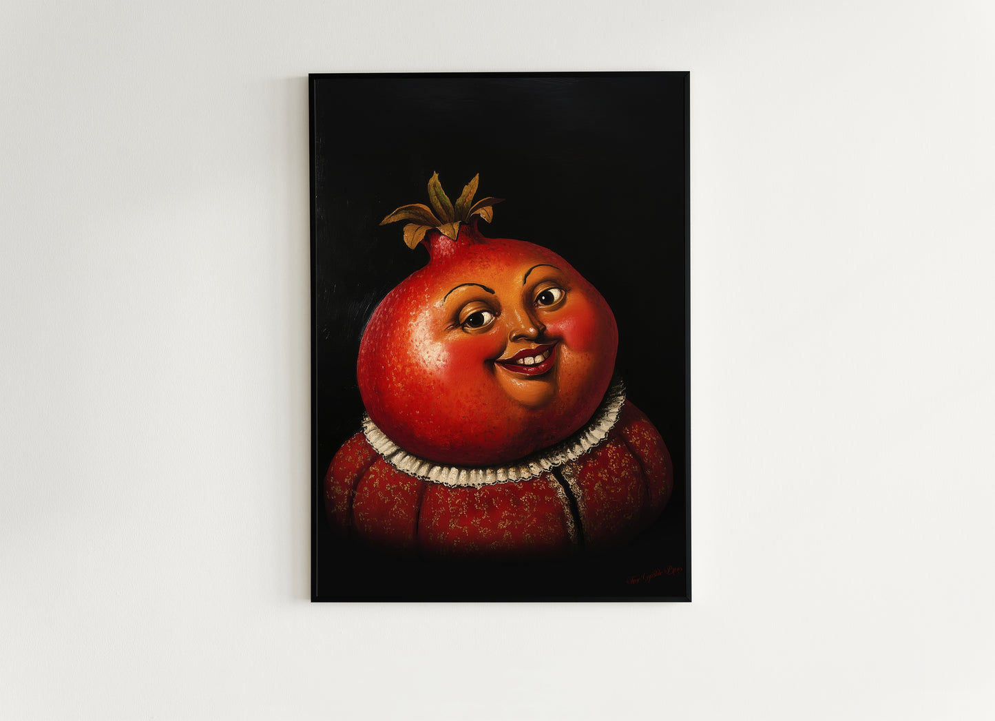 Pomegranate Poster, Antique Fruit Art Print, Renaissance Food Portrait, Surreal Still Life Painting, Quirky Weird Funny Kitchen Decor
