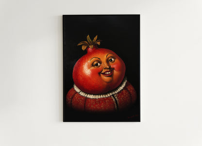 Pomegranate Poster, Antique Fruit Art Print, Renaissance Food Portrait, Surreal Still Life Painting, Quirky Weird Funny Kitchen Decor