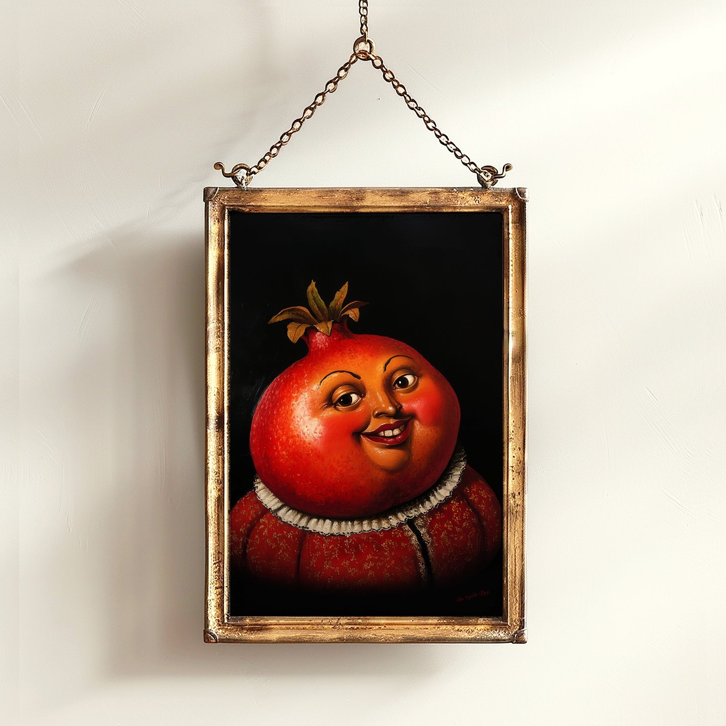 Pomegranate Poster, Antique Fruit Art Print, Renaissance Food Portrait, Surreal Still Life Painting, Quirky Weird Funny Kitchen Decor