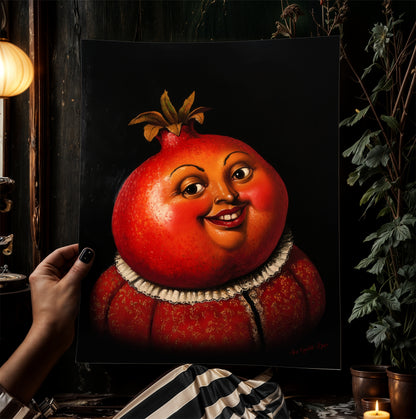 Pomegranate Poster, Antique Fruit Art Print, Renaissance Food Portrait, Surreal Still Life Painting, Quirky Weird Funny Kitchen Decor