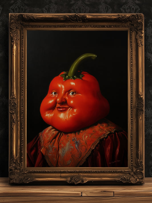 Red Pepper Poster, Antique Vegetables Art Print, Renaissance Food Portrait, Surreal Still Life Painting, Weirdcore Funny Kitchen Decor