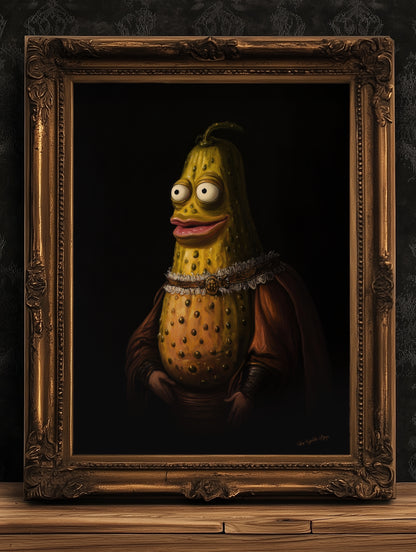Weird Pickle Poster, Antique Vegetables Art Print, Renaissance Food Portrait, Surreal Still Life Painting, Weirdcore Funny Kitchen Decor
