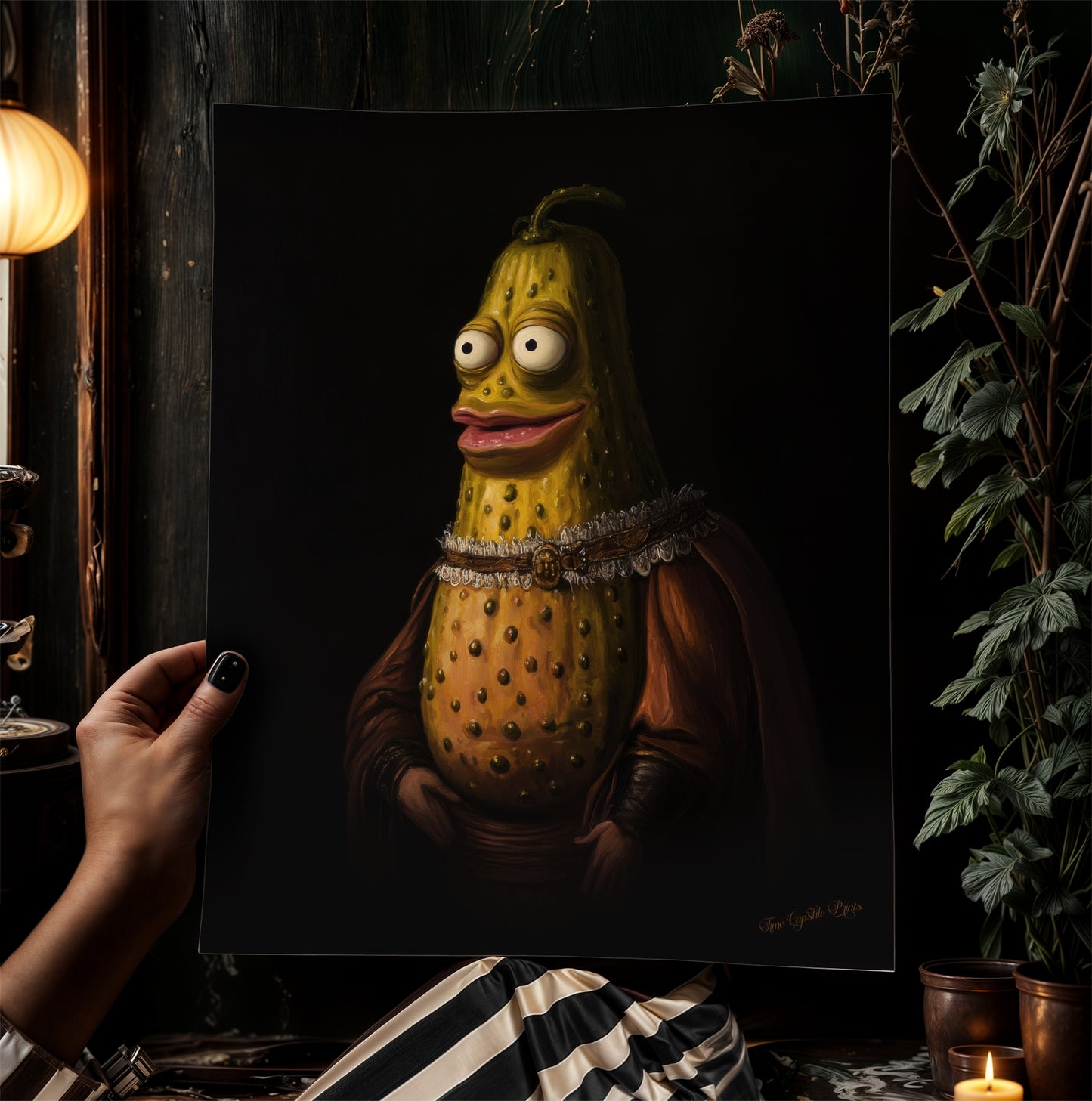 Weird Pickle Poster, Antique Vegetables Art Print, Renaissance Food Portrait, Surreal Still Life Painting, Weirdcore Funny Kitchen Decor