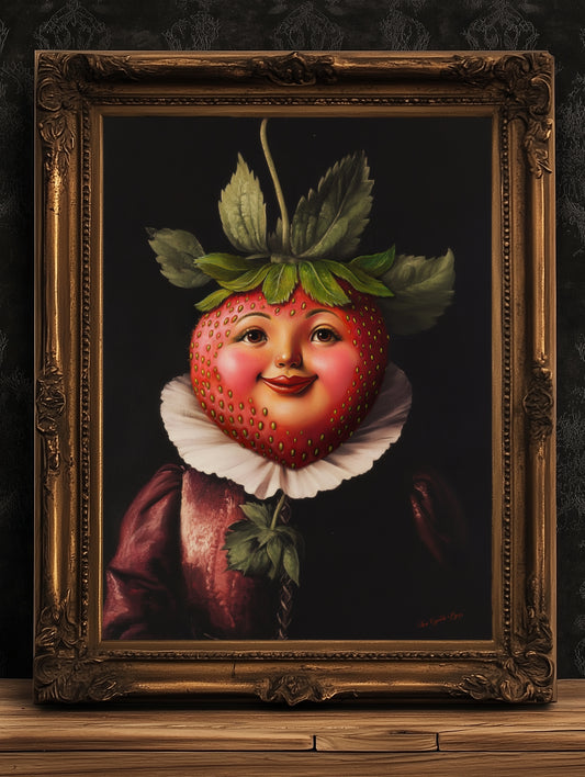 Strawberry Poster, Antique Fruits and Vegetables Art Print, Renaissance Food Portrait, Surreal Painting Weirdcore Funny Kitchen Decor