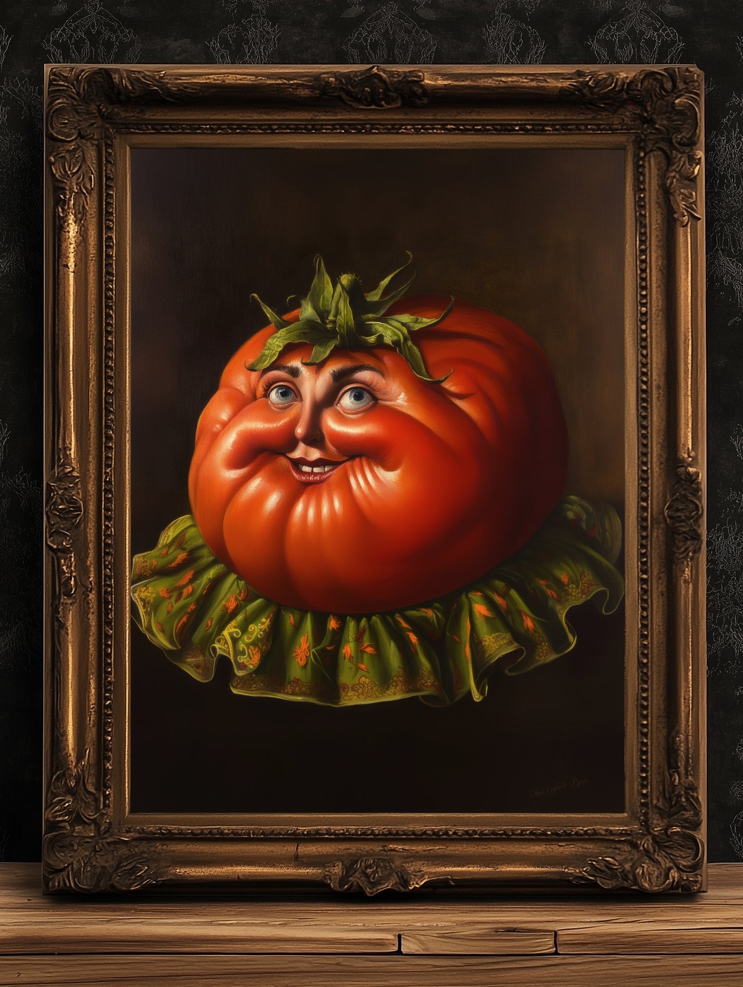 Smiling Heirloom Tomato Poster, Antique Vegetables Art Print, Renaissance Food Portrait Surreal Still Life Painting, Quirky Weird Kitchen
