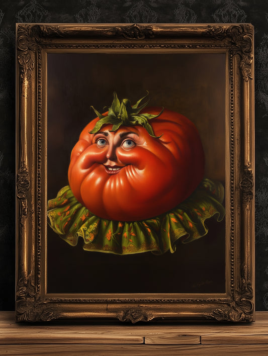 Smiling Heirloom Tomato Poster, Antique Vegetables Art Print, Renaissance Food Portrait Surreal Still Life Painting, Quirky Weird Kitchen