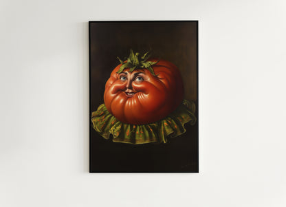 Smiling Heirloom Tomato Poster, Antique Vegetables Art Print, Renaissance Food Portrait Surreal Still Life Painting, Quirky Weird Kitchen