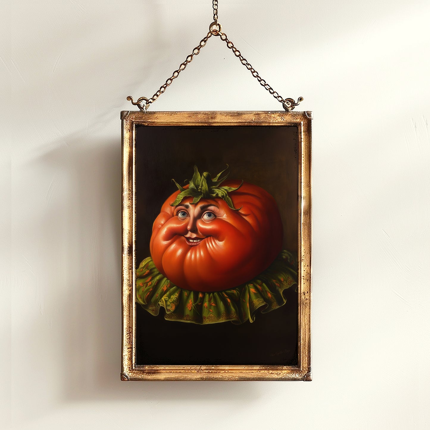 Smiling Heirloom Tomato Poster, Antique Vegetables Art Print, Renaissance Food Portrait Surreal Still Life Painting, Quirky Weird Kitchen