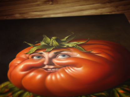 Smiling Heirloom Tomato Poster, Antique Vegetables Art Print, Renaissance Food Portrait Surreal Still Life Painting, Quirky Weird Kitchen