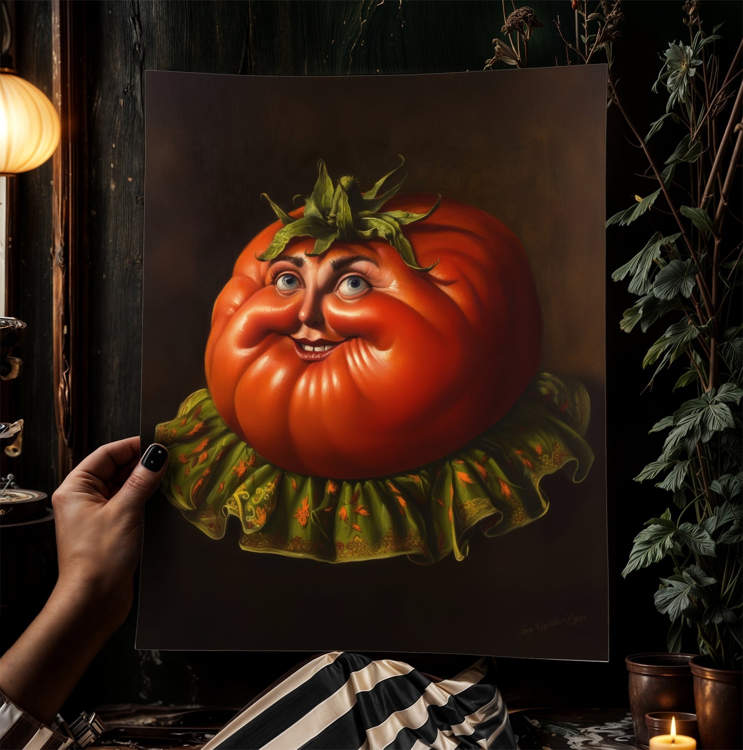 Smiling Heirloom Tomato Poster, Antique Vegetables Art Print, Renaissance Food Portrait Surreal Still Life Painting, Quirky Weird Kitchen