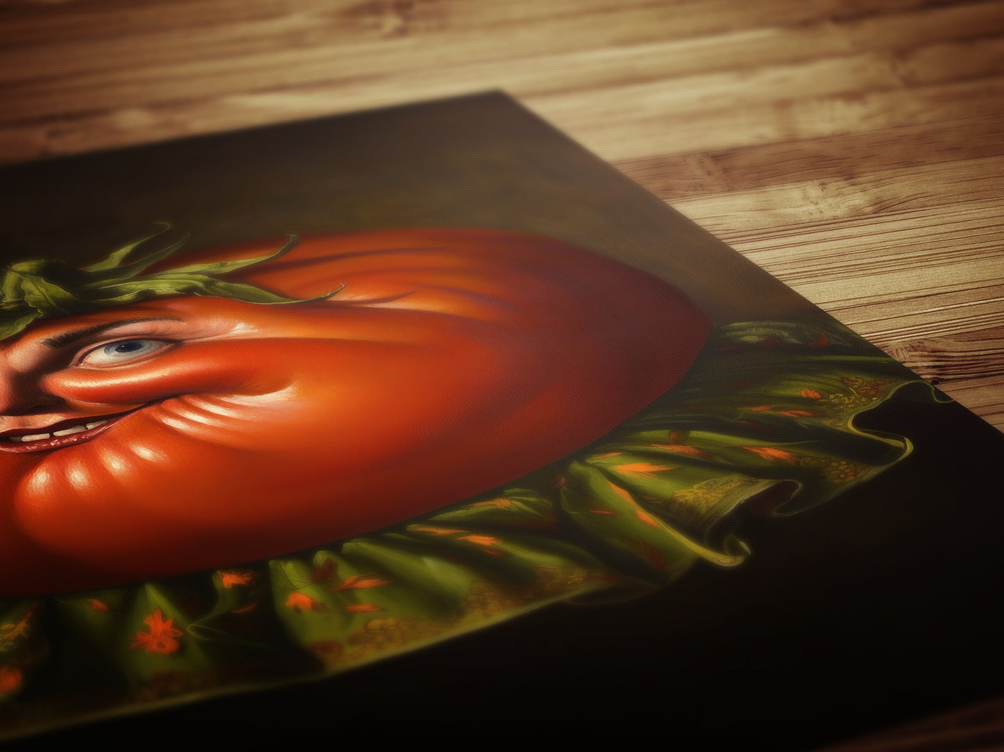 Smiling Heirloom Tomato Poster, Antique Vegetables Art Print, Renaissance Food Portrait Surreal Still Life Painting, Quirky Weird Kitchen