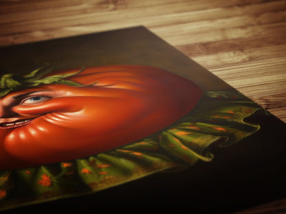 Smiling Heirloom Tomato Poster, Antique Vegetables Art Print, Renaissance Food Portrait Surreal Still Life Painting, Quirky Weird Kitchen