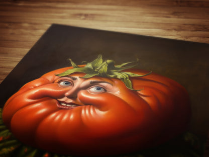 Smiling Heirloom Tomato Poster, Antique Vegetables Art Print, Renaissance Food Portrait Surreal Still Life Painting, Quirky Weird Kitchen
