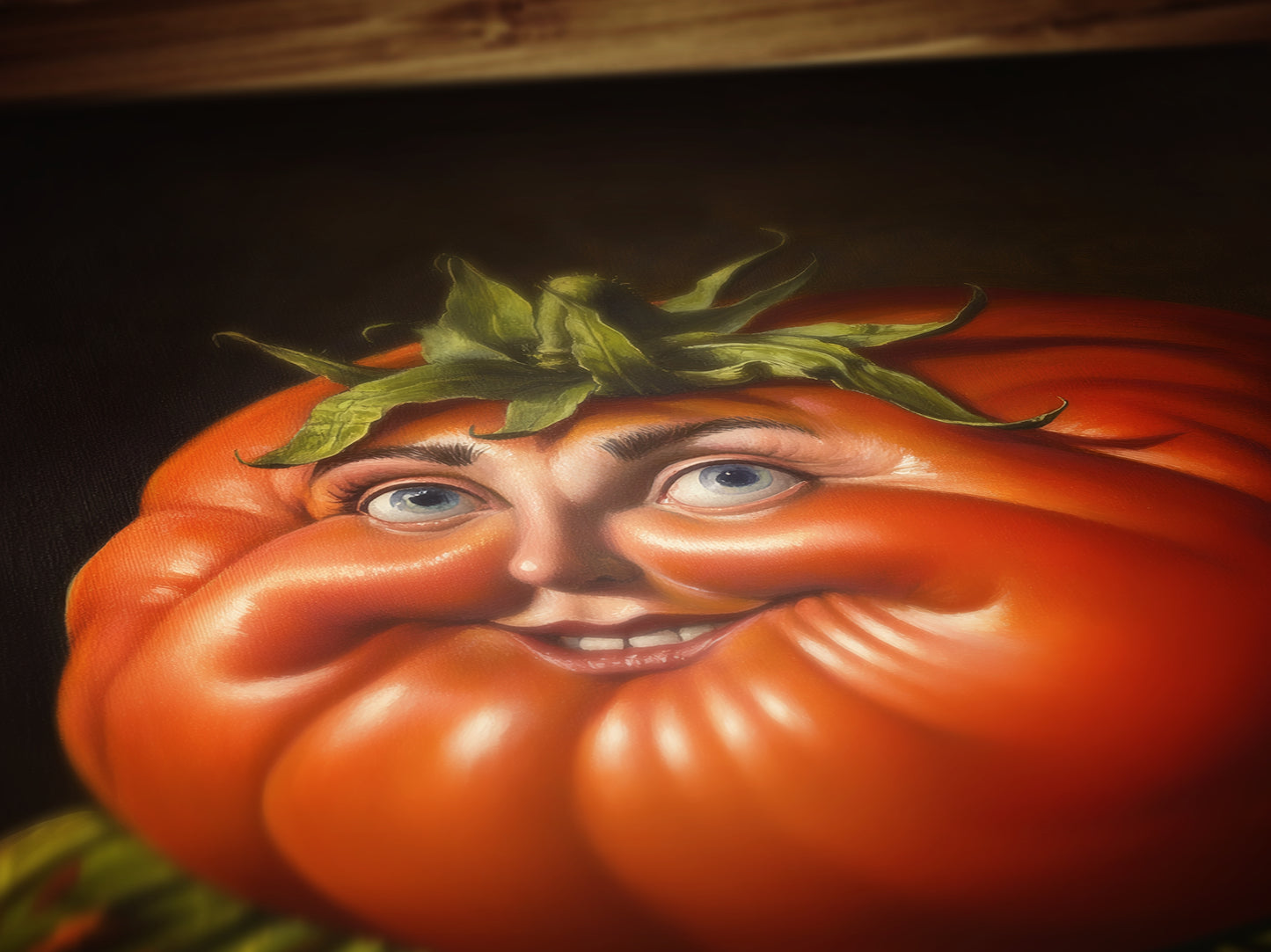 Smiling Heirloom Tomato Poster, Antique Vegetables Art Print, Renaissance Food Portrait Surreal Still Life Painting, Quirky Weird Kitchen