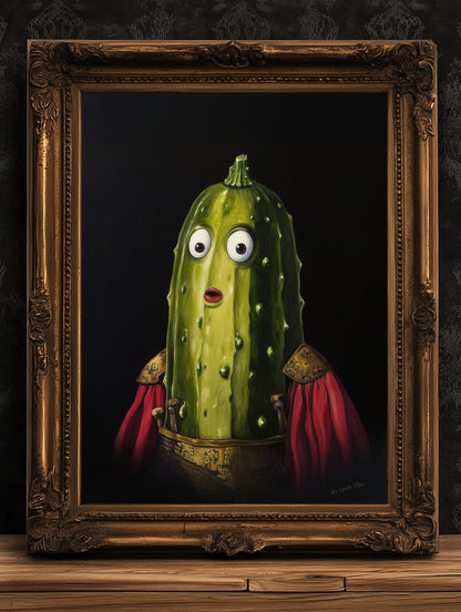 Cucumber Poster, Antique Vegetables Art Print, Surreal Renaissance Food Portrait Still Life Painting, Quirky Weirdcore Funny Kitchen decor