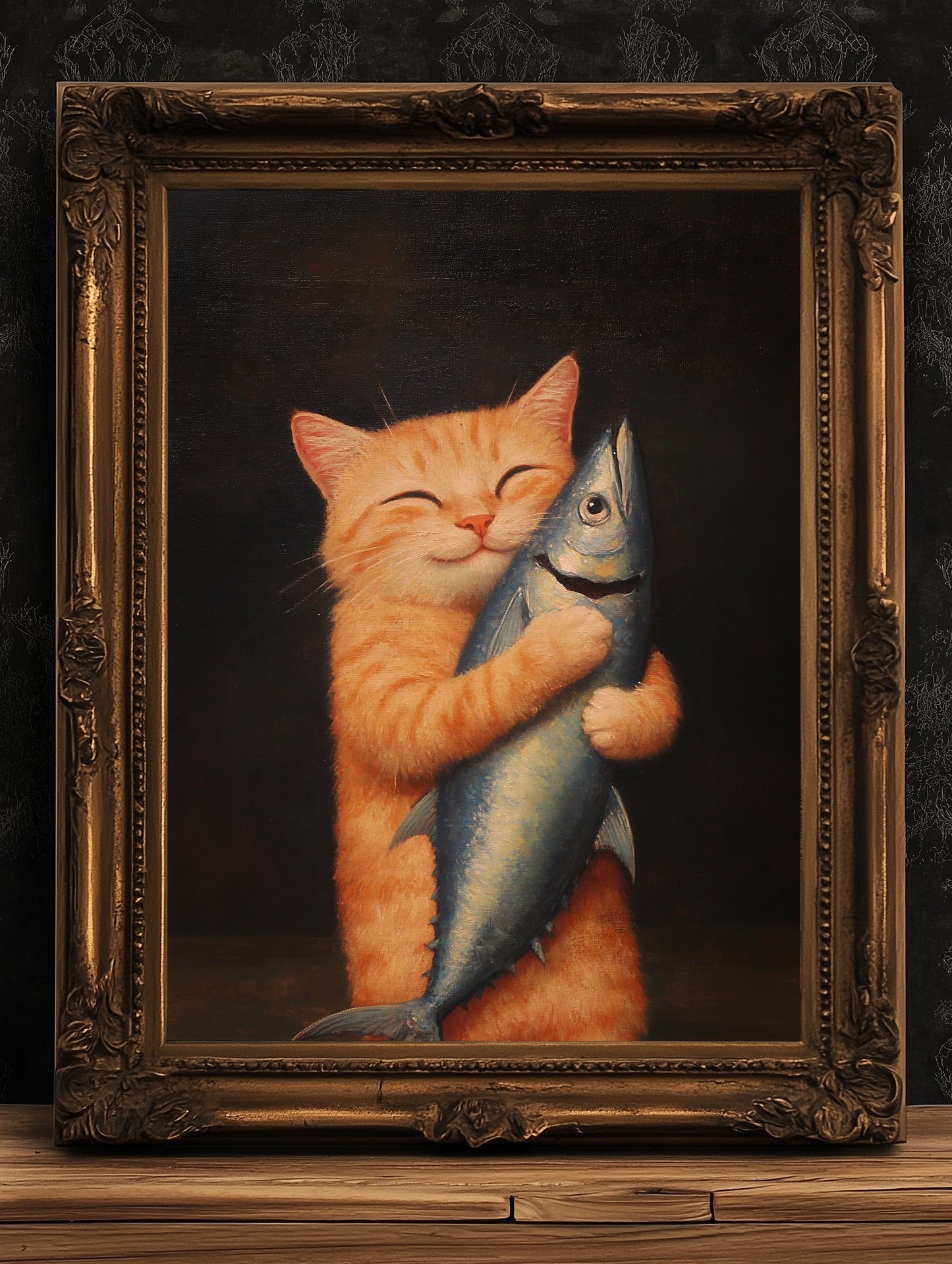 Cute Cat Art Painting, Funny Orange Tabby Feline Print Poster, Cat Lovers Gift & Wall Decor, Adorable Kitty Holding Fish, Playful Pet Gift