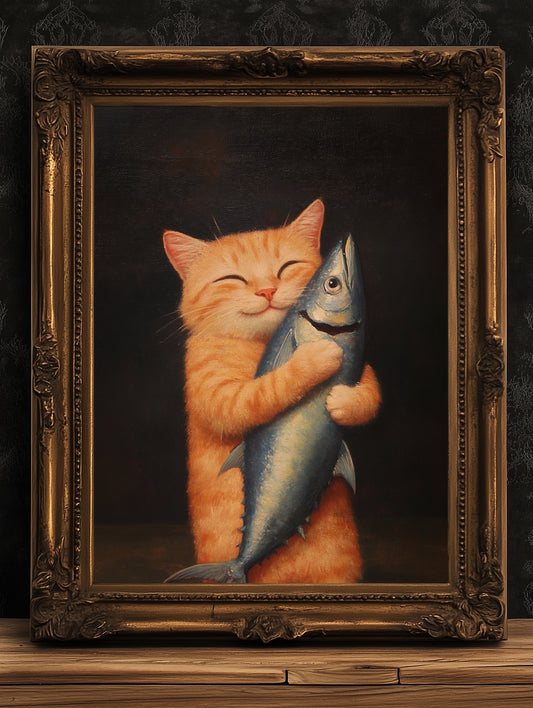 Cute Cat Art Painting, Funny Orange Tabby Feline Print Poster, Cat Lovers Gift & Wall Decor, Adorable Kitty Holding Fish, Playful Pet Gift