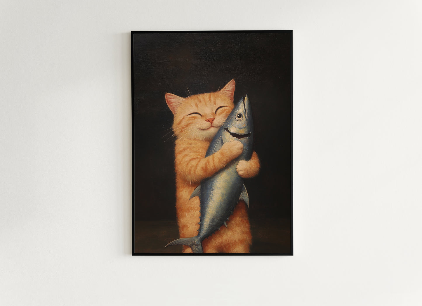 Cute Cat Art Painting, Funny Orange Tabby Feline Print Poster, Cat Lovers Gift & Wall Decor, Adorable Kitty Holding Fish, Playful Pet Gift