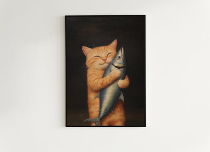 Cute Cat Art Painting, Funny Orange Tabby Feline Print Poster, Cat Lovers Gift & Wall Decor, Adorable Kitty Holding Fish, Playful Pet Gift