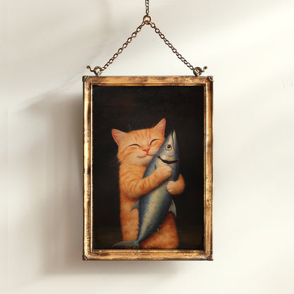 Cute Cat Art Painting, Funny Orange Tabby Feline Print Poster, Cat Lovers Gift & Wall Decor, Adorable Kitty Holding Fish, Playful Pet Gift