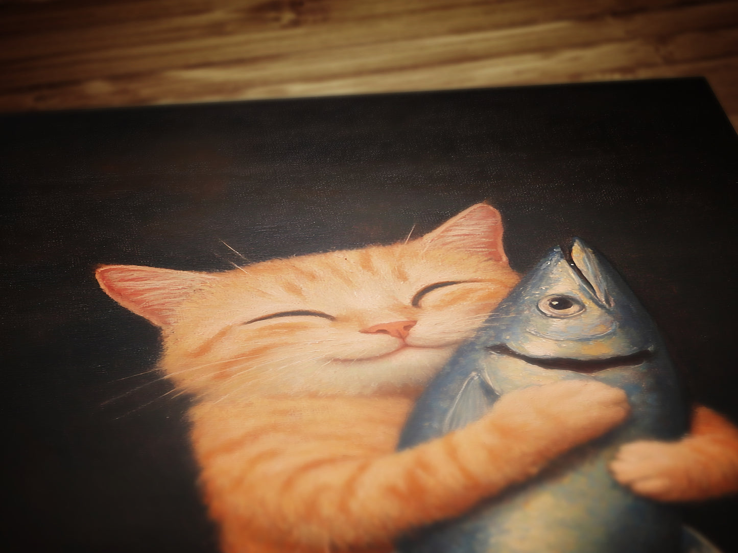 Cute Cat Art Painting, Funny Orange Tabby Feline Print Poster, Cat Lovers Gift & Wall Decor, Adorable Kitty Holding Fish, Playful Pet Gift