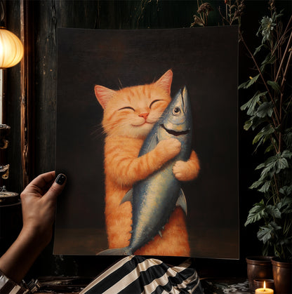 Cute Cat Art Painting, Funny Orange Tabby Feline Print Poster, Cat Lovers Gift & Wall Decor, Adorable Kitty Holding Fish, Playful Pet Gift