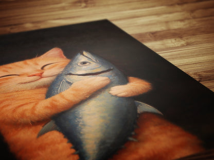 Cute Cat Art Painting, Funny Orange Tabby Feline Print Poster, Cat Lovers Gift & Wall Decor, Adorable Kitty Holding Fish, Playful Pet Gift